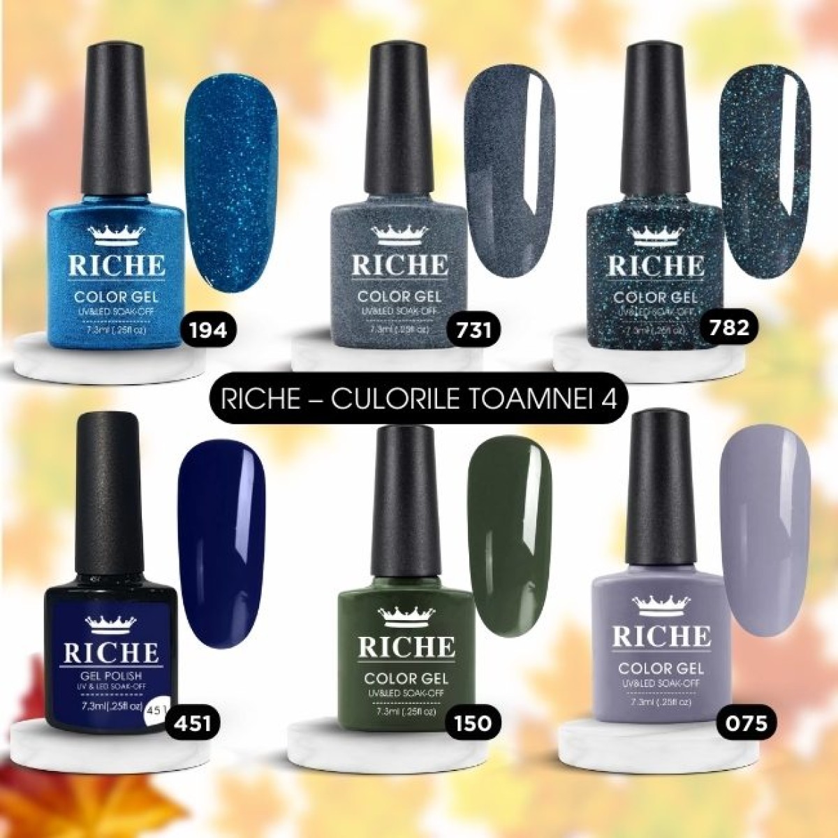 Oje semipermanentă RICHE, Colecția de Toamnă Nr. 4, 6 culori, 7.3 ml